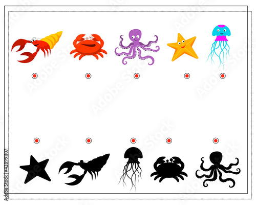 Puzzle game for kids find the right shadow. Pick up a shadow for the sea inhabitants cancer crab octopus starfish jellyfish. vector isolated on a white background