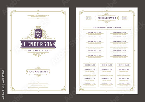 Menu design template with cover and restaurant vintage logo vector brochure.