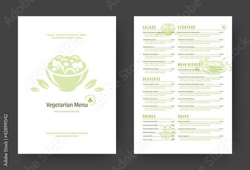 Vegetarian restaurant menu layout design brochure or food flyer template vector illustration.