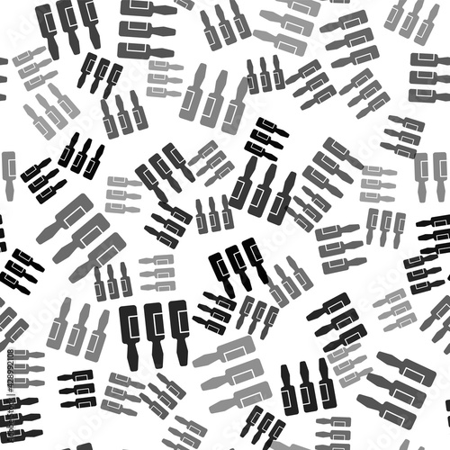 Black Medical vial, ampoule, bottle icon isolated seamless pattern on white background. Vaccination, injection, vaccine healthcare concept. Vector