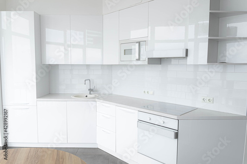 modern white kitchen interior, new white kitchen furniture.