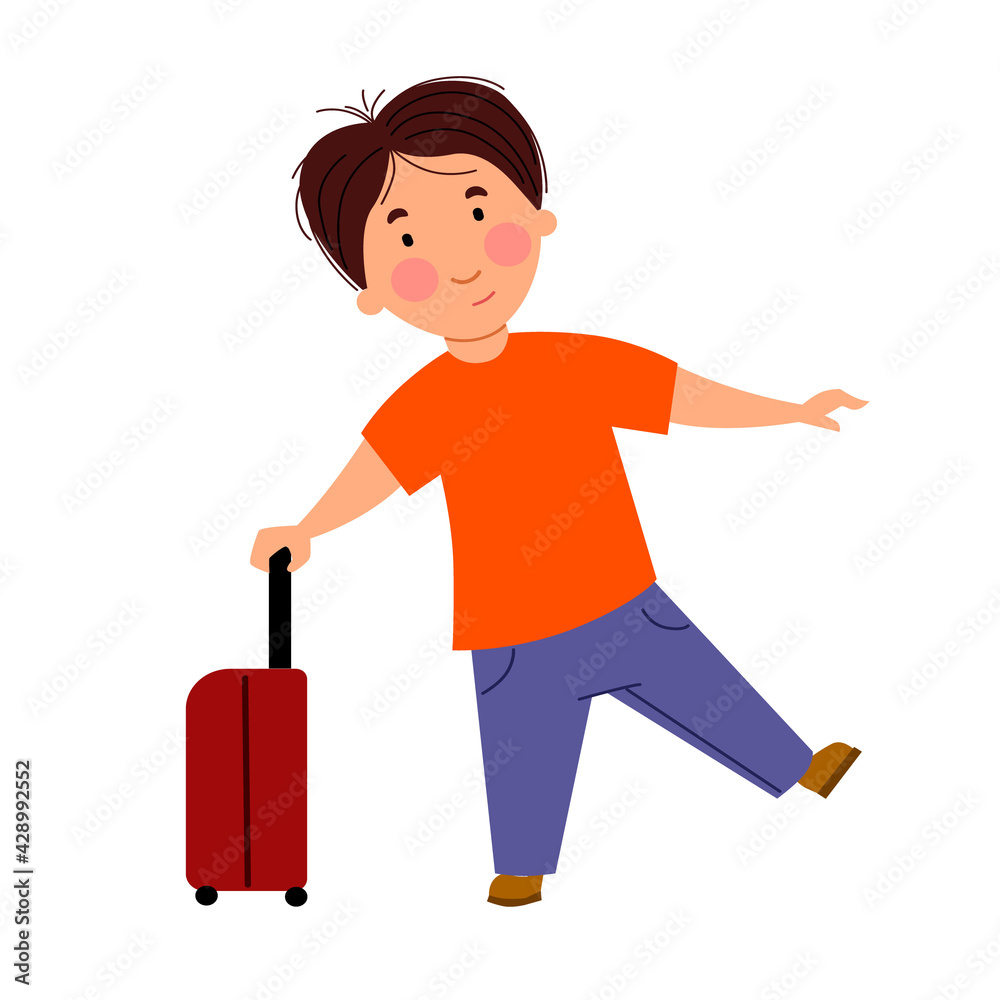 A dark-haired, cute boy is holding on to a suitcase. A dark-haired, cute boy is holding on to a suitcase.