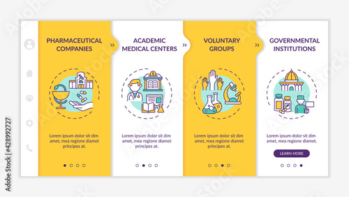 Clinical investigation onboarding vector template. Responsive mobile website with icons. Web page walkthrough 4 step screens. Academic centers, government color concept with linear illustrations