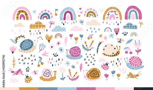 Rainbow snails in the rain. Summer vector set in colorful trending colors. Hand-drawn childish naive illustrations in a simple Scandinavian style in a limited palette. Isolate on white background
