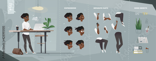 Stylized Casual Characters Set for Animation. Staying Woman with Laptop.