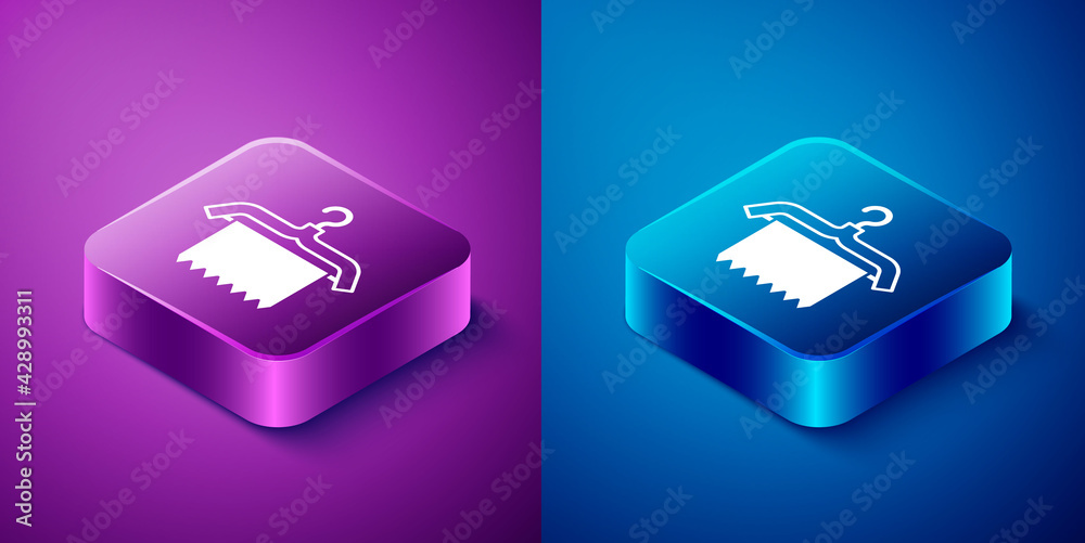 Isometric Hanger wardrobe icon isolated on blue and purple background. Clean towel sign. Cloakroom icon. Clothes service symbol. Laundry hanger. Square button. Vector Isometric Hanger wardrobe icon isolated on blue and purple background. Clean towel sign. Cloakroom icon. Clothes service symbol. Laundry hanger. Square button. Vector
