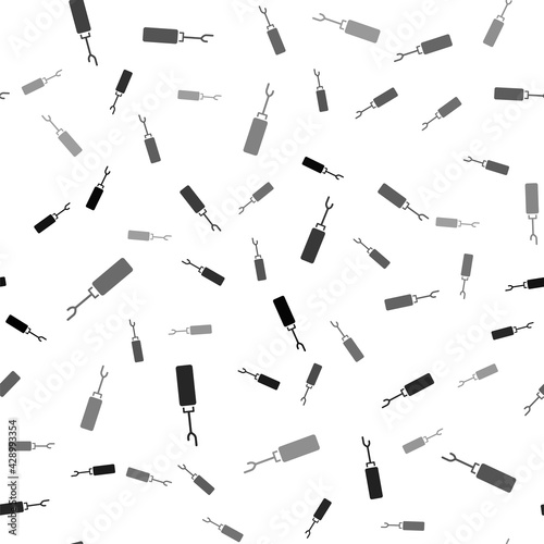 Black Awl tool with wooden handle icon isolated seamless pattern on white background. Work equipment tailor industry. Vector
