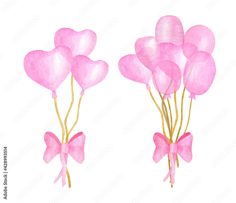 Obraz premium Bunch of balloons illustration set. Hand painted watercolor oval and heart shaped pink air balloons with bows. Cute elements for kids, Birthday party, baby shower, cards isolated on white background