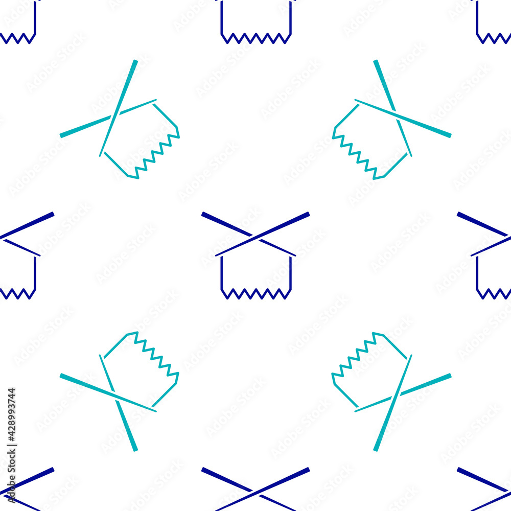 Blue Knitting needles icon isolated seamless pattern on white background. Label for hand made, knitting or tailor shop. Vector Blue Knitting needles icon isolated seamless pattern on white background. Label for hand made, knitting or tailor shop. Vector