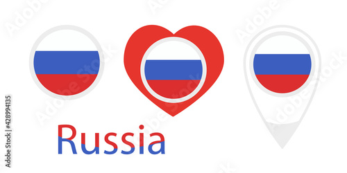 National flag of Russia  round icon  heart icon and location sign