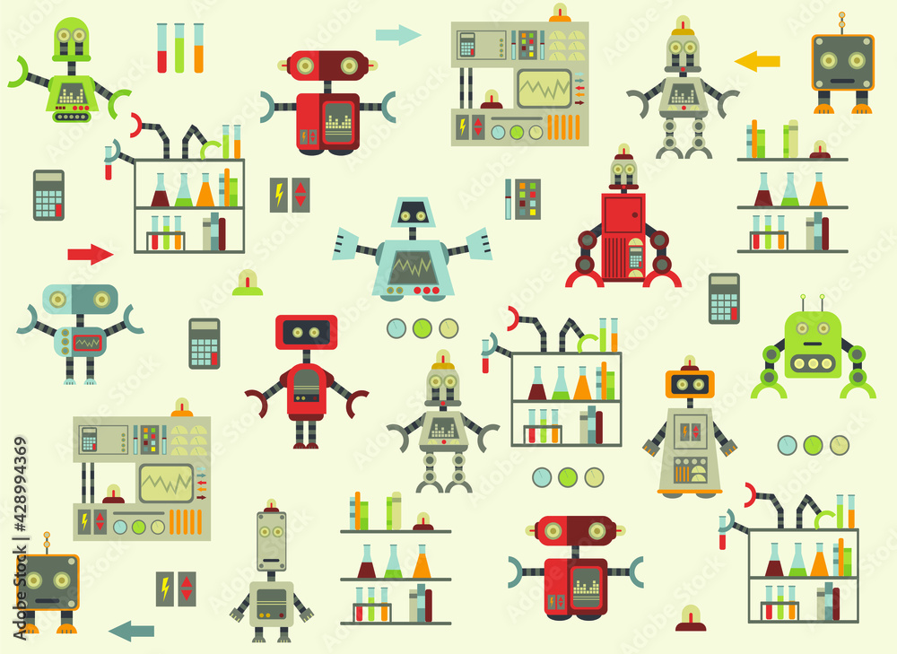 pattern with different cute cartoon robots.