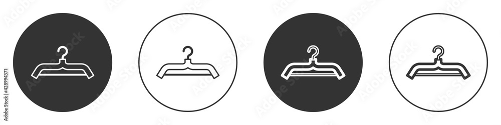 Black Hanger wardrobe icon isolated on white background. Cloakroom icon. Clothes service symbol. Laundry hanger sign. Circle button. Vector Black Hanger wardrobe icon isolated on white background. Cloakroom icon. Clothes service symbol. Laundry hanger sign. Circle button. Vector