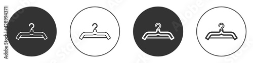 Black Hanger wardrobe icon isolated on white background. Cloakroom icon. Clothes service symbol. Laundry hanger sign. Circle button. Vector