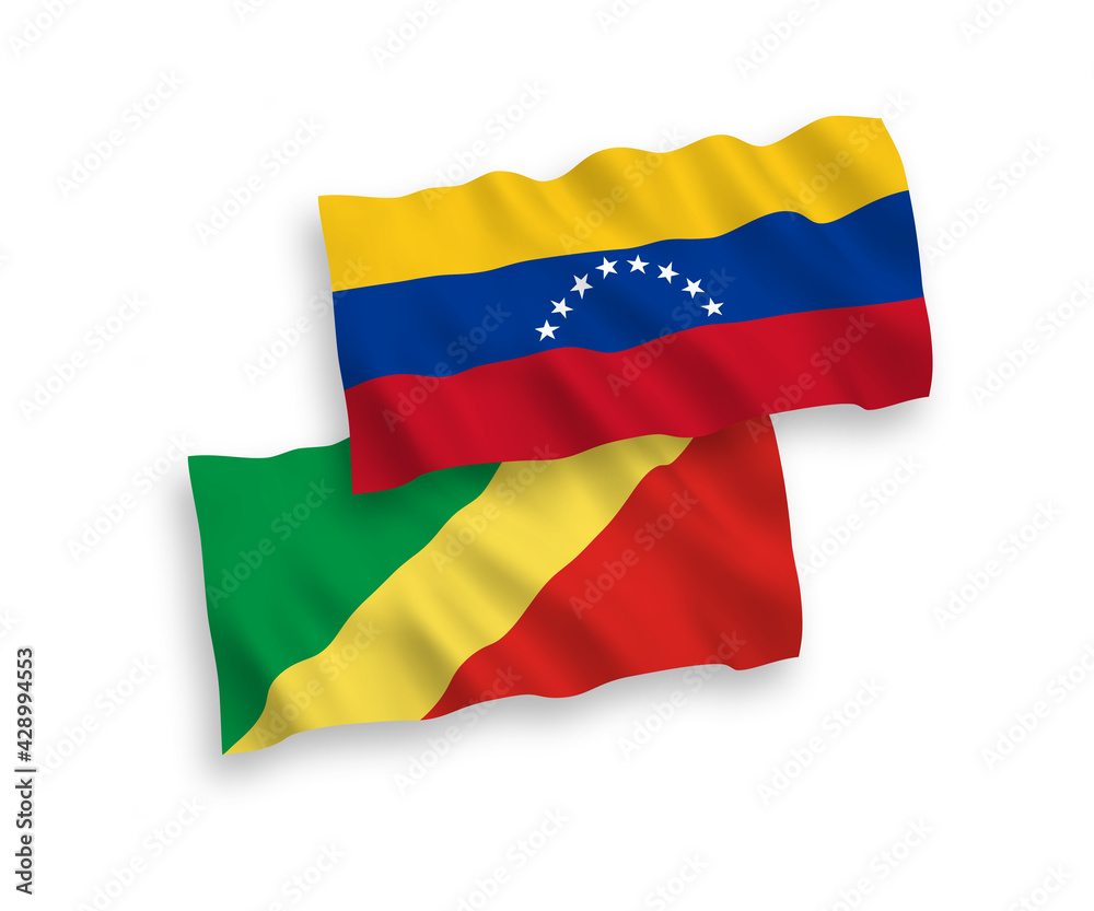 National vector fabric wave flags of Venezuela and Republic of the Congo isolated on white background. 1 to 2 proportion. National vector fabric wave flags of Venezuela and Republic of the Congo isolated on white background. 1 to 2 proportion.