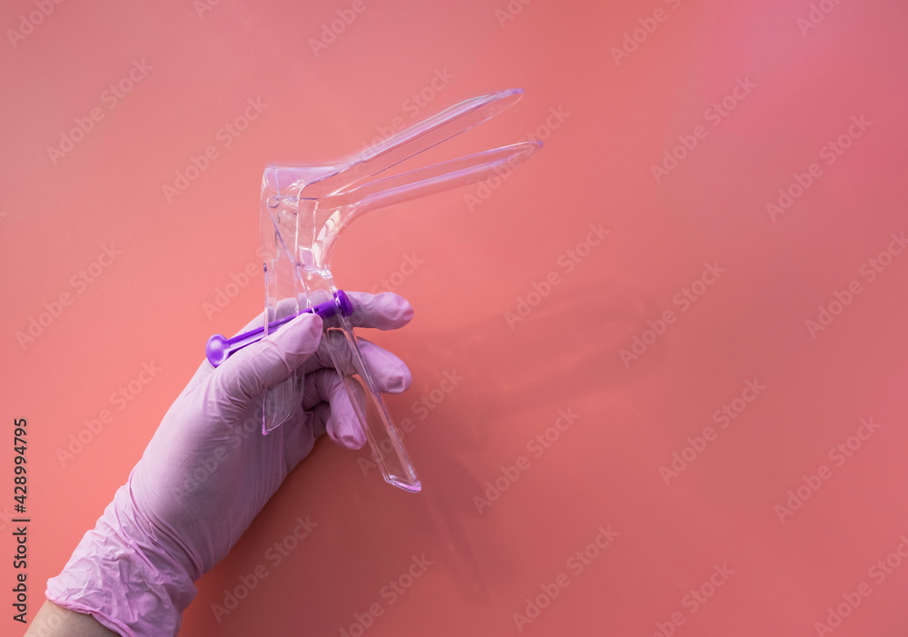 a gynecologist's hand in a medical glove holds a tool for examining women. a gynecologist's hand in a medical glove holds a tool for examining women.