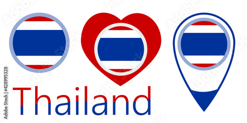 National flag of Thailand,, round icon, heart icon and location sign