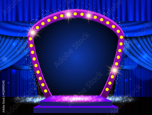 Background with blue curtain, podium and retro arch banner. Design for presentation, concert, show