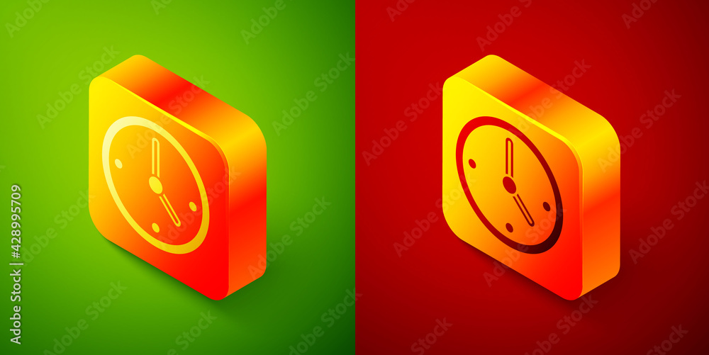 Isometric Clock icon isolated on green and red background. Time symbol. Square button. Vector Isometric Clock icon isolated on green and red background. Time symbol. Square button. Vector