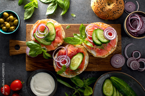 Homemade gluten free bagels with smoked salmon and cream cheese