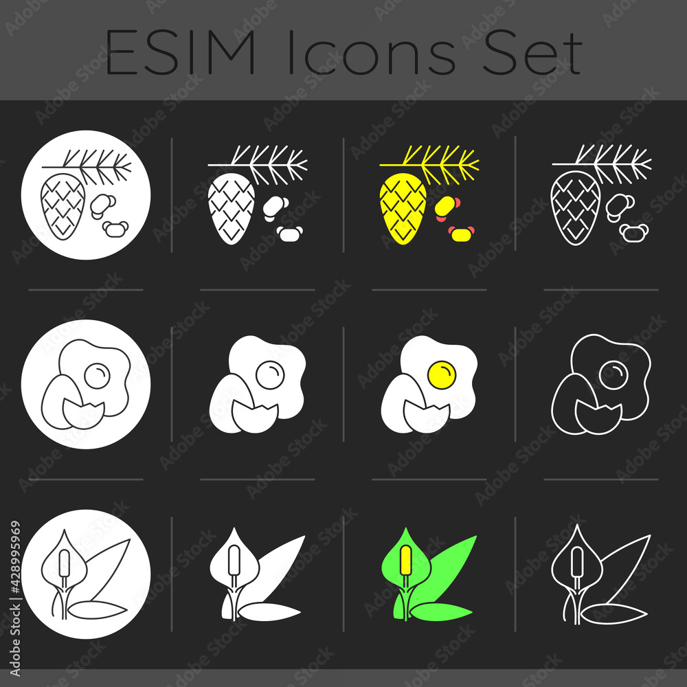 Cause of allergic reaction dark theme icons set. Cedar and pine tree pollen. Spathiphyllum as common allergen. Linear white, solid glyph and RGB color styles. Isolated vector illustrations