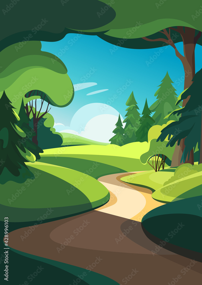 Summer forest with different trees. Nature landscape in vertical orientation.