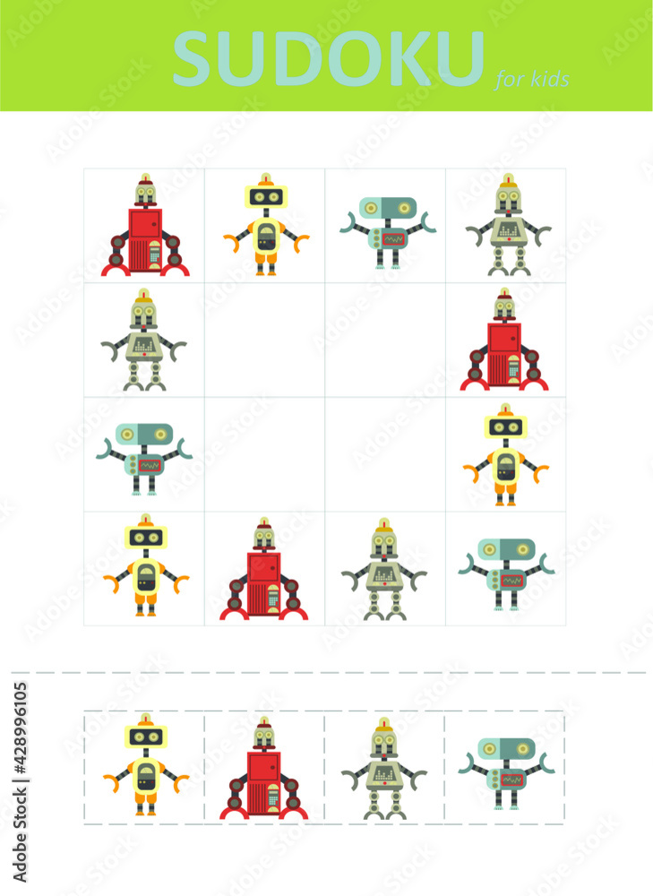 Fototapeta premium Sudoku for kids. Children's puzzles. Educational game for children. cute robots