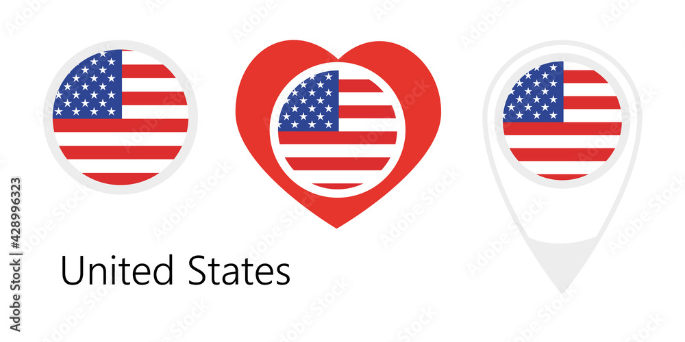 National flag of United States, round icon, heart icon and location sign National flag of United States, round icon, heart icon and location sign