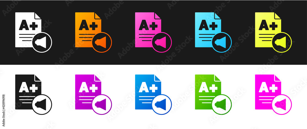 Set Exam sheet with A plus grade icon isolated on black and white background. Test paper, exam, or survey concept. School test or exam. Vector Set Exam sheet with A plus grade icon isolated on black and white background. Test paper, exam, or survey concept. School test or exam. Vector