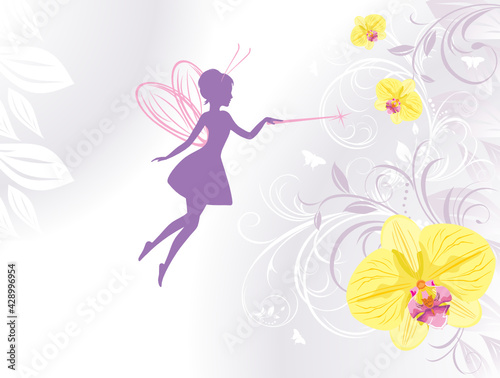 Silhouette of a fairy on a floral background with orchids