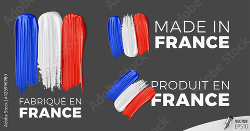 Logos "fabriqué en France", "Made in France" et "Produit en France" vectoriels sur fond gris foncé