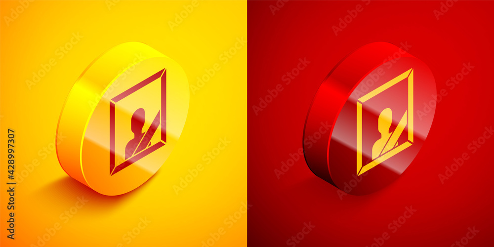 Isometric Mourning photo frame with black ribbon icon isolated on orange and red background. Funeral ceremony and condolence card layout. Circle button. Vector Isometric Mourning photo frame with black ribbon icon isolated on orange and red background. Funeral ceremony and condolence card layout. Circle button. Vector