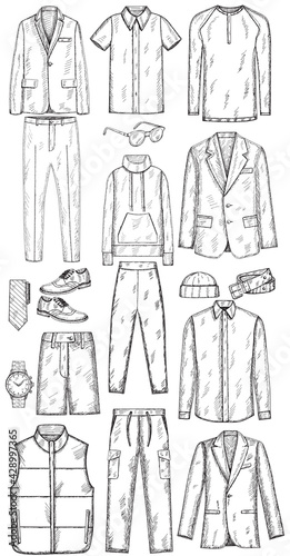  isolated, sketch hand drawn set of mens clothing, collection
