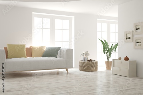 Soft color living room with sofa. Scandinavian interior design. 3D illustration