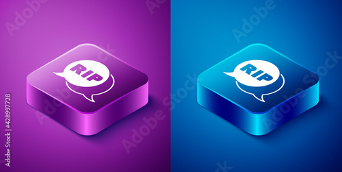 Isometric Speech bubble rip death icon isolated on blue and purple background. Square button. Vector