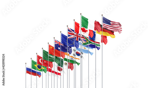 Waving flags countries of members Group of Twenty. Big G20, in Rome, the capital city of Italy, on 30–31 October 2021. 3d Illustration. Isolated on white background.