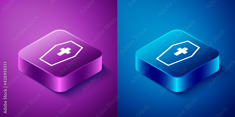 Isometric Coffin with christian cross icon isolated on blue and purple background. Happy Halloween party. Square button. Vector Isometric Coffin with christian cross icon isolated on blue and purple background. Happy Halloween party. Square button. Vector