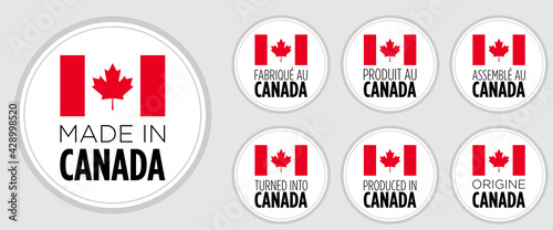 set of badge logotype Made in Canada, "fabriqué au Canada", on white round background, symbol logo for packaging design