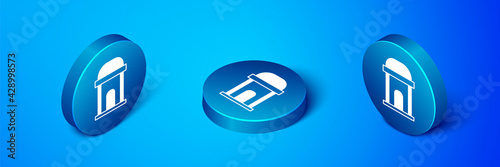 Isometric Old crypt icon isolated on blue background. Cemetery symbol. Ossuary or crypt for burial of deceased. Blue circle button. Vector
