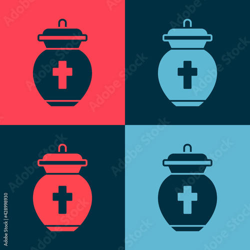 Pop art Funeral urn icon isolated on color background. Cremation and burial containers, columbarium vases, jars and pots with ashes. Vector