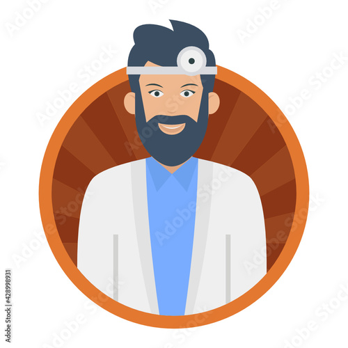 physician with beard Concept, Male dentist Vector Round Icon Design, Professional uniform Symbol, Labor Day people Stock illustration, medical doctor with ent headlight character occupations sign