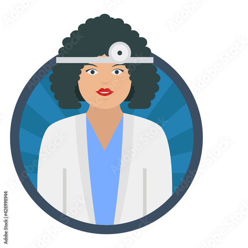 curly hair surgeon Concept, female scientists Vector Round Icon Design, Professional uniform Symbol, Labor Day people Stock illustration, physician with ent headlight character occupations sign