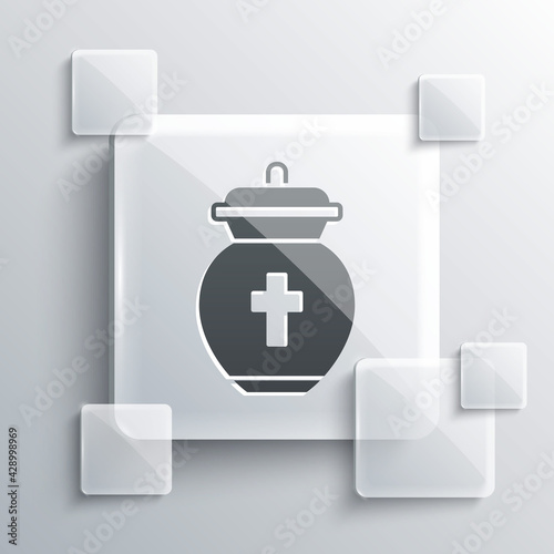 Grey Funeral urn icon isolated on grey background. Cremation and burial containers, columbarium vases, jars and pots with ashes. Square glass panels. Vector