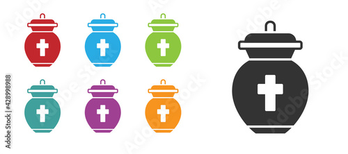 Black Funeral urn icon isolated on white background. Cremation and burial containers, columbarium vases, jars and pots with ashes. Set icons colorful. Vector