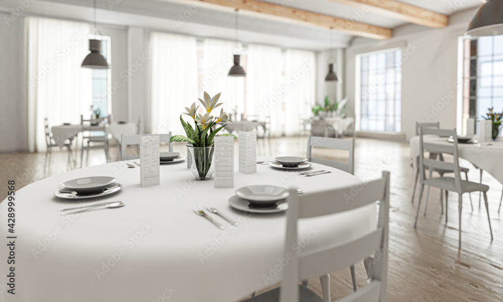 Wedding or restaurant room in bright loft-style with tables, white place setting, and tableware
