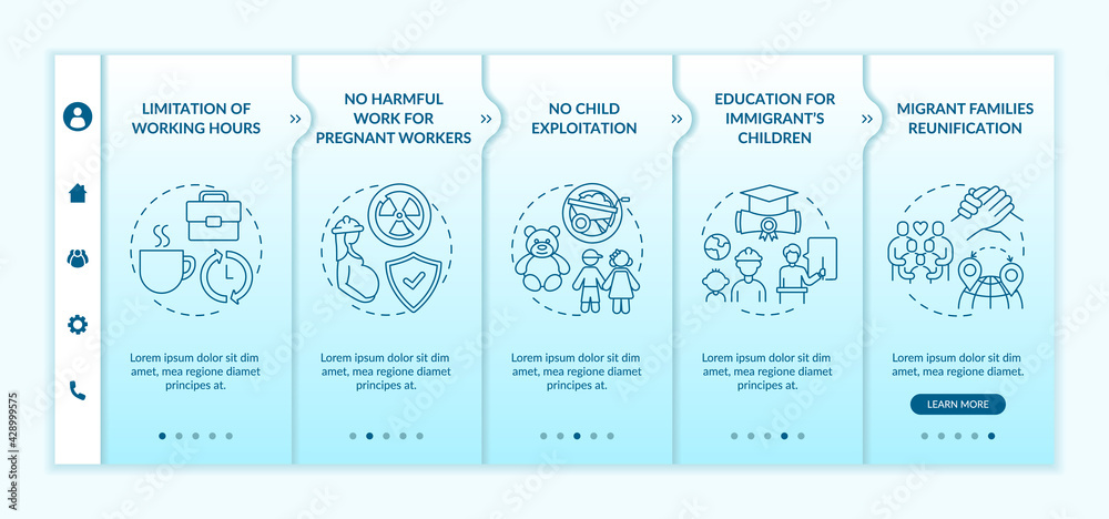 Immigrant workers rights onboarding vector template. Responsive mobile website with icons. Web page walkthrough 5 step screens. Migrant support color concept with linear illustrations