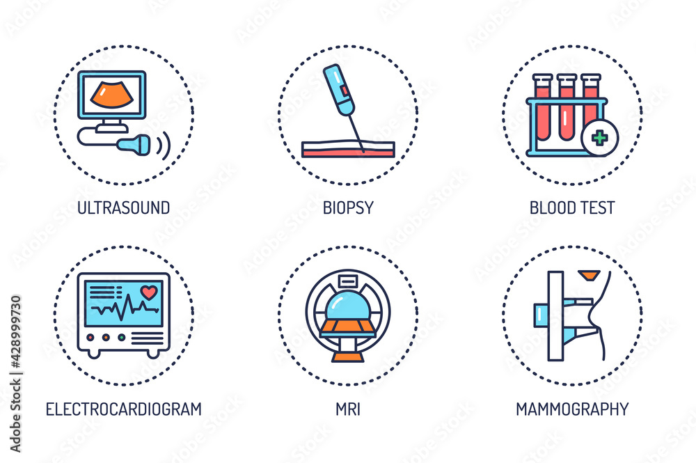 Medical examination color line icons set. Outline pictograms for web page, mobile app, promo.