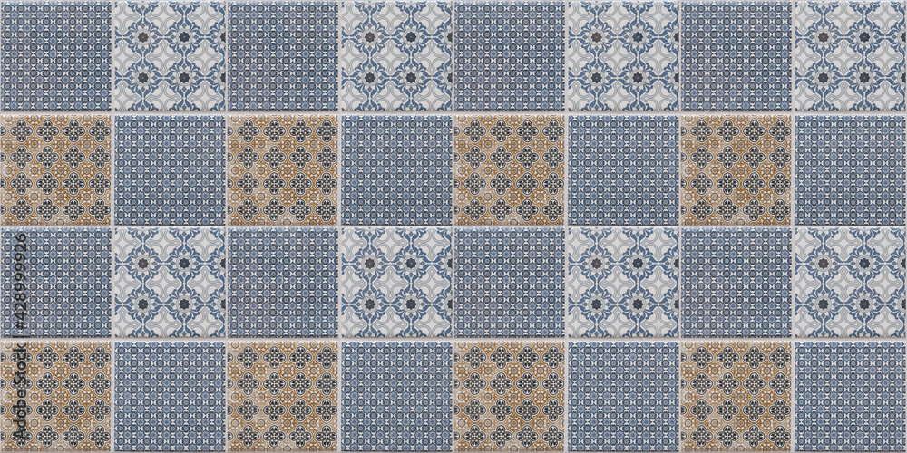 Fototapeta Seamless blue gray brown vintage retro geometric square mosaic flower leaf ornate motif cement tiles wall texture background