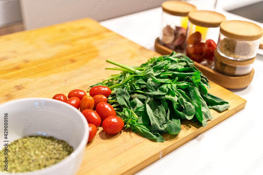 horizontal view of mediterranean ingredients for a spanish meal preparation at home. Food and cooking concept.