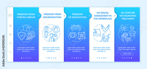 Migrant workers freedoms onboarding vector template. Responsive mobile website with icons. Web page walkthrough 5 step screens. Immigrant right color concept with linear illustrations