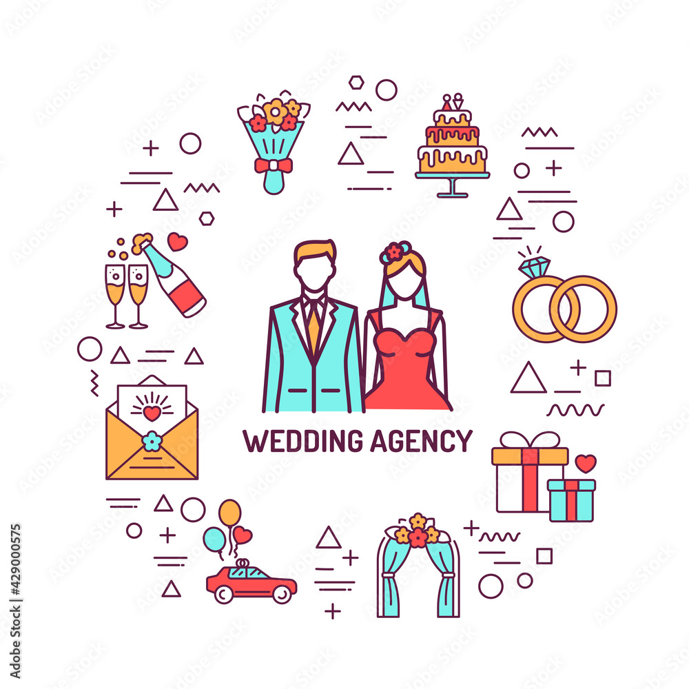 Wedding agency web banner. Infographics with linear icons on white background. Creative idea concept. Isolated outline color illustration Wedding agency web banner. Infographics with linear icons on white background. Creative idea concept. Isolated outline color illustration